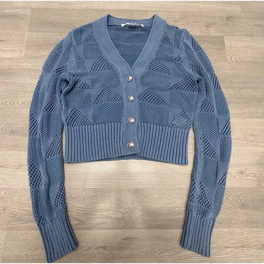 Veronica Beard Mirembe Cardigan Womens S Blue Cropped Openwork Knit Sweater
